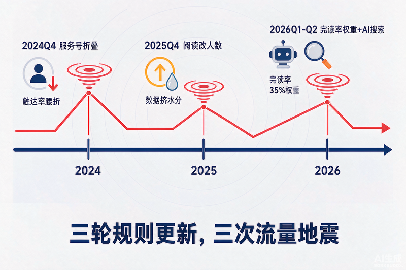 三轮流量地震时间轴:2024Q4服务号折叠、2025Q4阅读改人数、2026Q1-Q2完读率权重+AI搜索