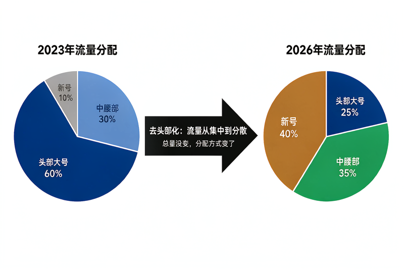 流量分配饼图对比:2023年与2026年去头部化变化