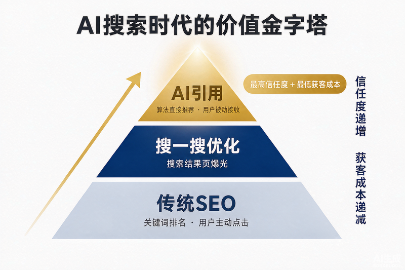 AI搜索时代的价值金字塔:传统SEO → 搜一搜优化 → AI引用